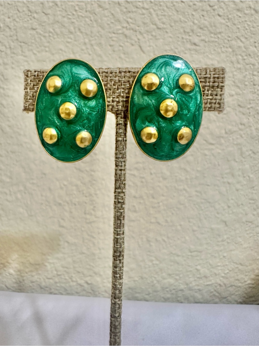 Vintage Gold Plated Green Oval Gold-Stud Resin Earrings